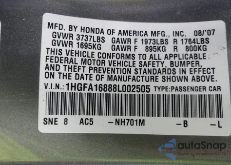 2008 Honda Civic Ex from USA, damaged, VIN 1HGFA16888L002505
